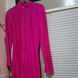 Fuchsia Pink Ruched Bodycon Jumpsuit with Mandarin Collar